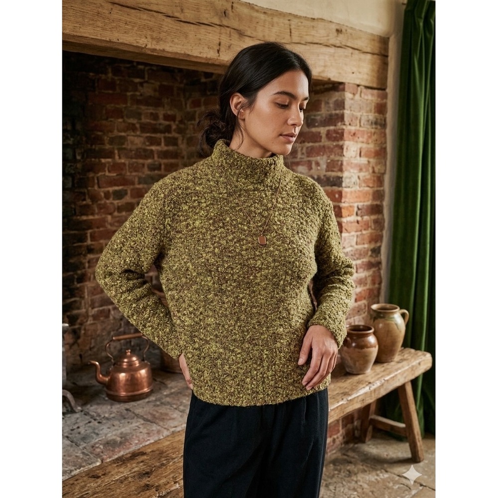 Eileen Fisher Merino Wool Boucle Popcorn Knit Mock Neck Sweater Green Brown